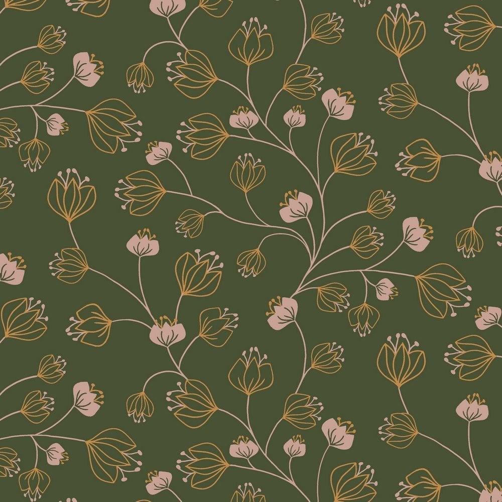 COUPON : jersey stof flowers forest green (2,30m), Neuf, Coton, Vert, 120 cm ou plus