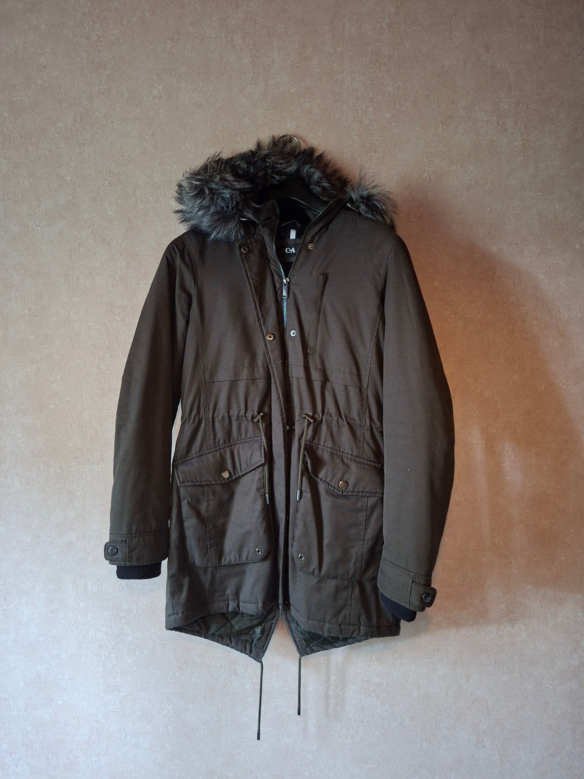 C&A Parka / Winterjas Khaki Groen met Bontkraag – Maat 34, Ophalen, Maat 34 (XS) of kleiner, Groen, Gedragen