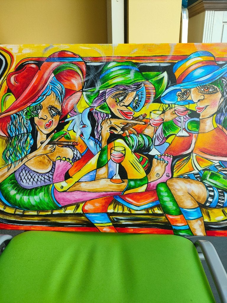 Schilderij Thomas Lange "women's party" 80x50, Antiek en Kunst, Ophalen of Verzenden