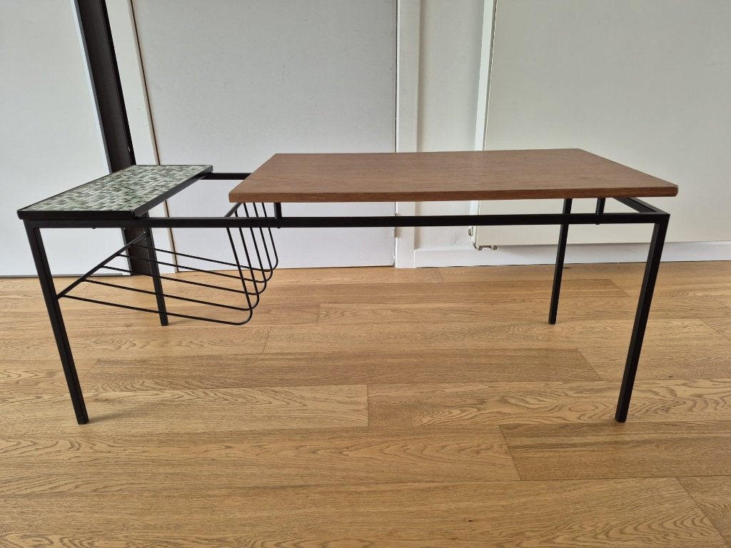 Table basse bois vintage Mid-Century avec mosaïques vertes, Maison & Meubles, 100 à 150 cm, Enlèvement, Utilisé, Chêne