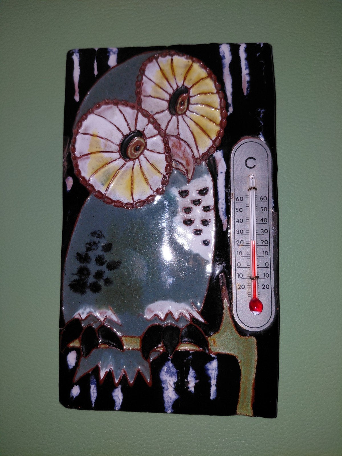 vintage geglazuurde uil in keramiek met wandthermometer, Antiek en Kunst, Ophalen of Verzenden