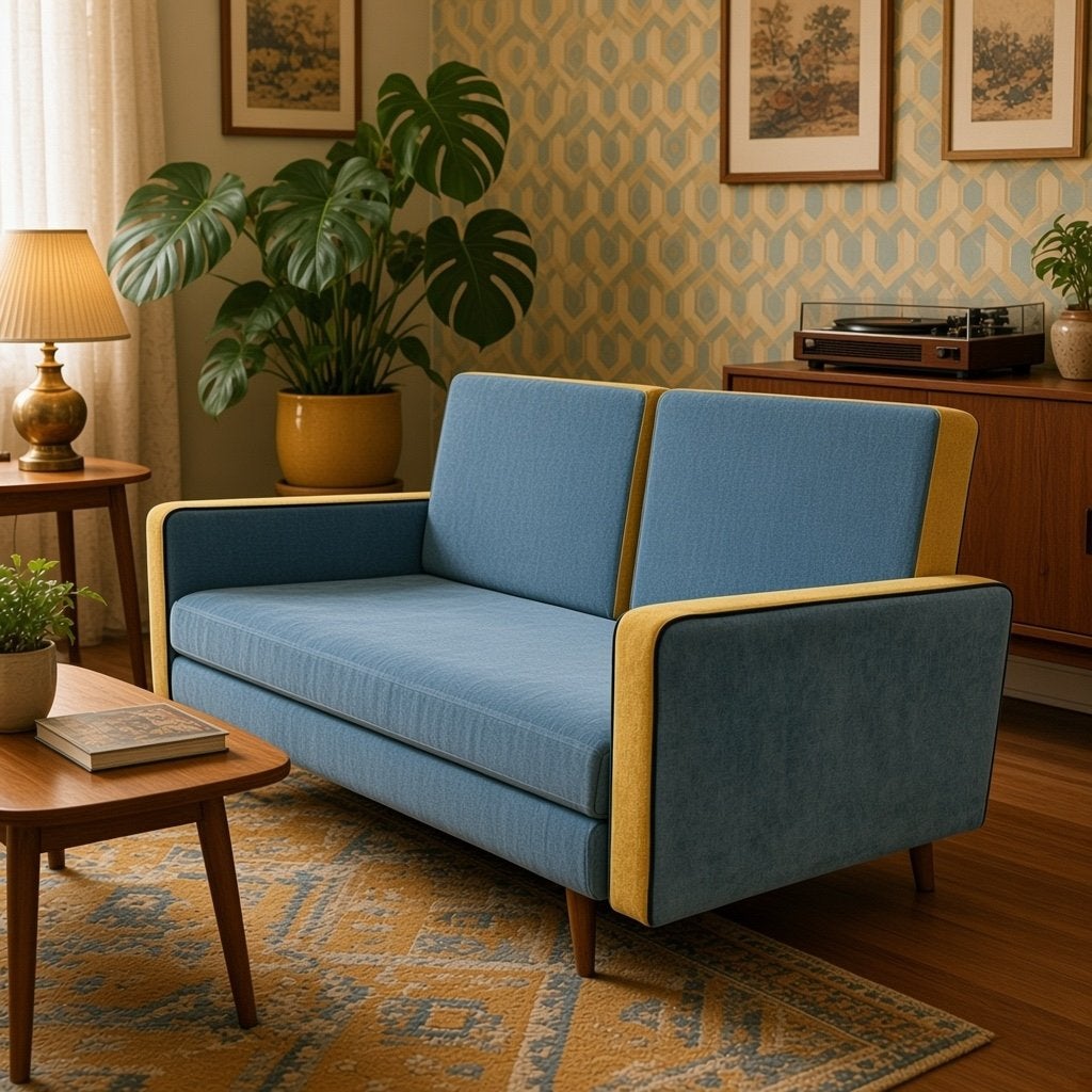 Vintage blauwe zetel / daybed / slaapbank met geel accent, Ophalen of Verzenden