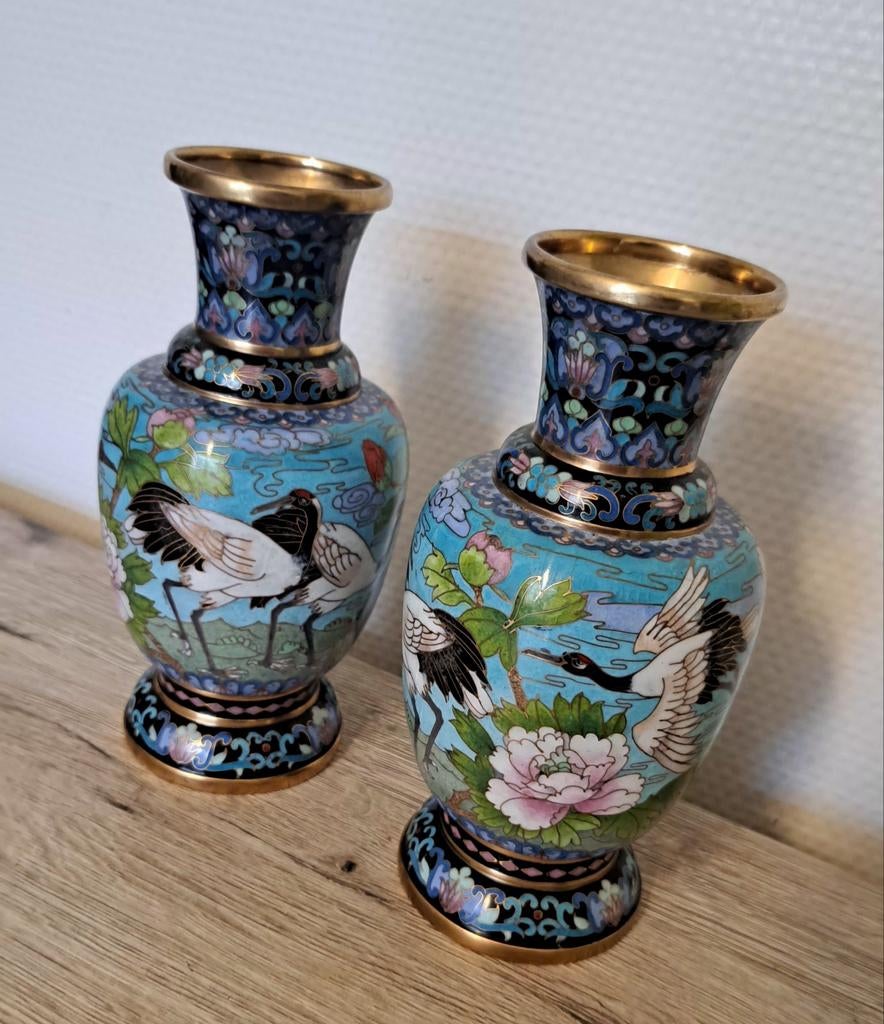 Prachtige Chinese cloisonne emaille vazen Japanese Cranes, Ophalen of Verzenden