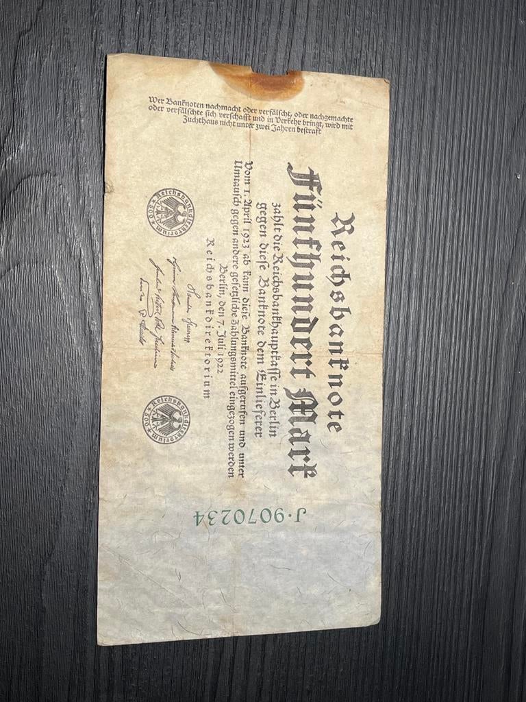 Origineel Duits bankbiljet 500 Mark (1922) – Reichsbank, Postzegels en Munten, Ophalen of Verzenden, Bankbiljetten