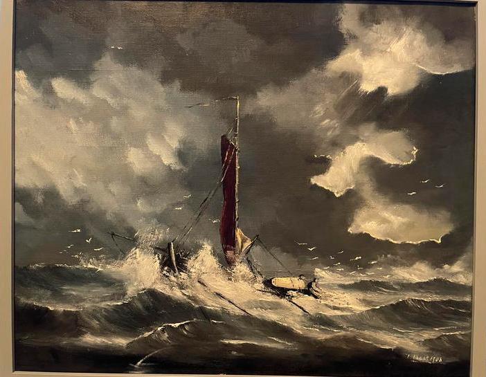Stormachtig schilderij met schip in nood. (J.Baai), Antiek en Kunst, Kunst | Schilderijen | Klassiek, Ophalen