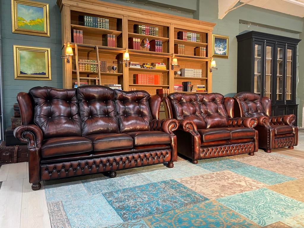 Engels Chesterfield 3+2+1 zetels roodbruin GRATIS GELEVERD, Huis en Inrichting, Ophalen of Verzenden, Leer