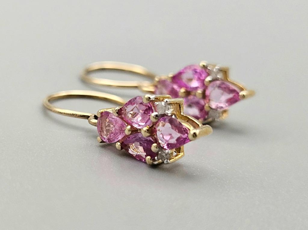 Boucles d'oreilles vintage en or, saphir rose et diamants. 2, Bijoux, Sacs & Beauté, Bijoux anciens, Enlèvement ou Envoi, Or, Boucles d'oreilles