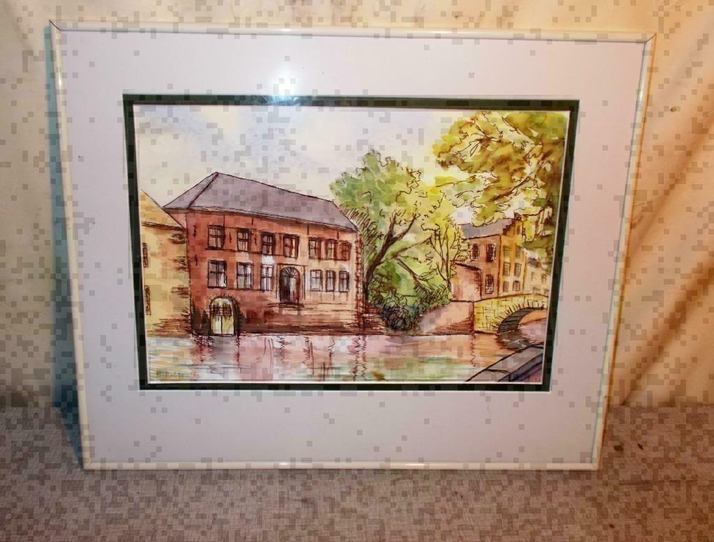 Mooi geschilderd Aquarel 'Huis bij de Rivier' - Robberecht, Ophalen of Verzenden