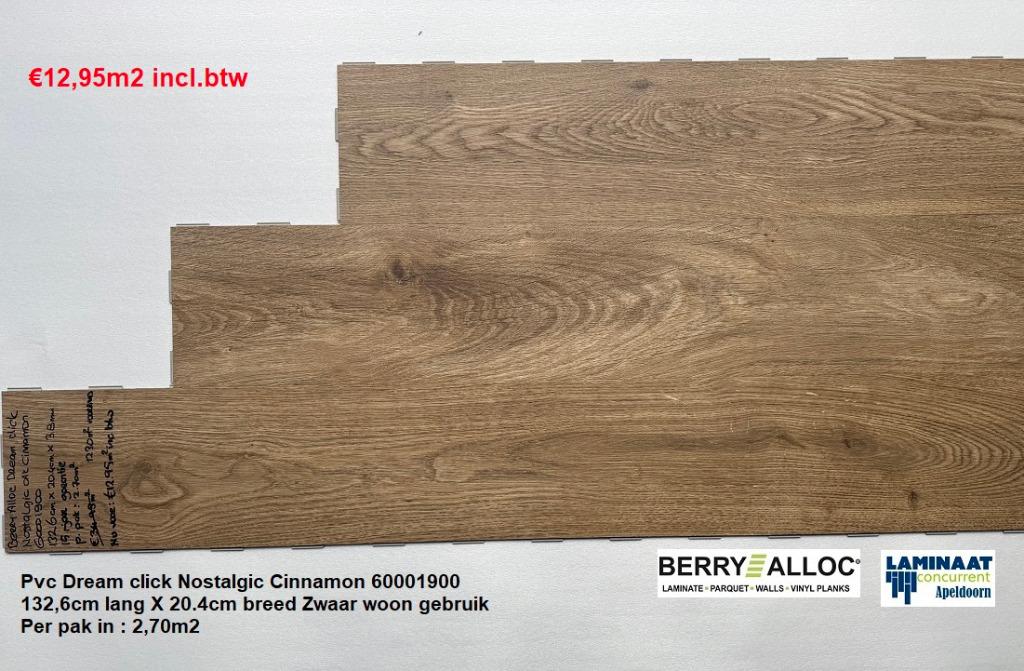Pvc Dream Click Nostalgic Cinnamon oak €12,95p/m2 inc.btw, Neuf, Aggloméré, Enlèvement ou Envoi, Pvc dream click natuur eiken