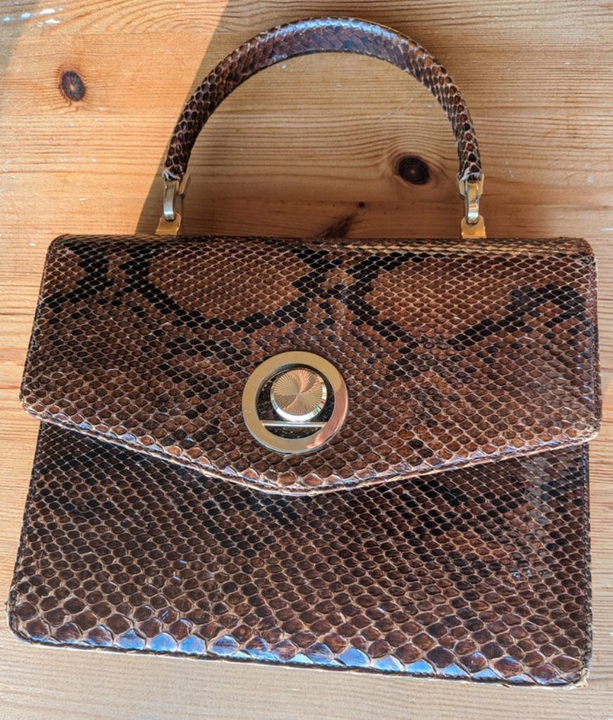 Handtas slangenleer Vintage Retro, Handtassen en Accessoires, Tassen | Damestassen, Ophalen of Verzenden, Zo goed als nieuw, Bruin