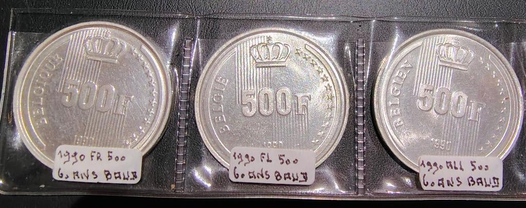 3 pièces 500 francs - 60e anniversaire du Roi Baudouin 1990, Enlèvement ou Envoi, Argent