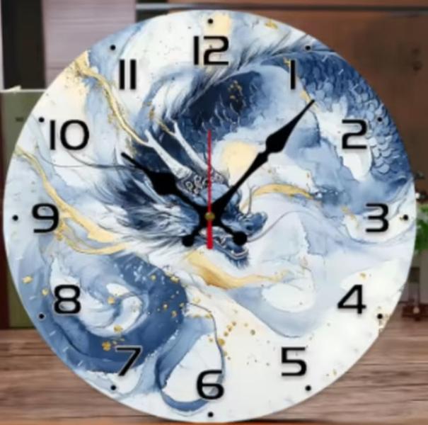 Ronde wandklok van hout Blauw Witte Draak (25cm), Ophalen of Verzenden, Nieuw, Wandklok