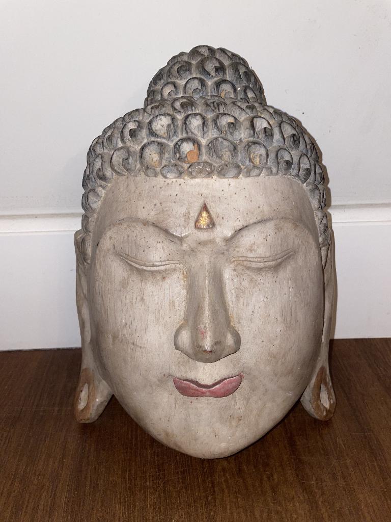 Grote handgesneden houten Boeddha‑kop / masker – whitewash, Ophalen of Verzenden