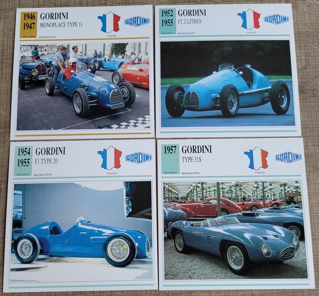 Race-auto's Gordini: 4 verzamelkaarten (jaren '40-'50), Enlèvement ou Envoi, Comme neuf, ForTwo