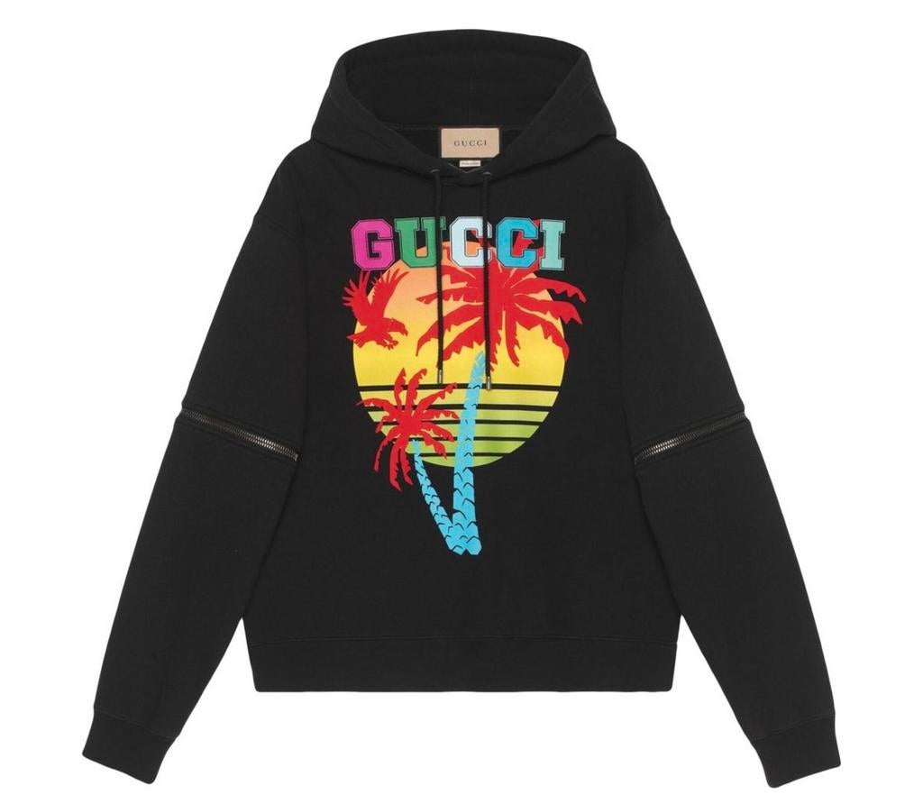 Gucci Hoodie zwart L met opvallende print  - Luxe streetwear, Maat 52/54 (L), Zwart, Ophalen of Verzenden, Zo goed als nieuw
