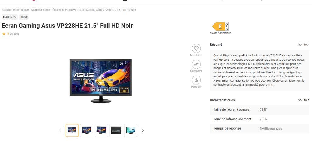 moniteur pc ASUS, Asus, HDMI, 5 ms ou plus, Full HD