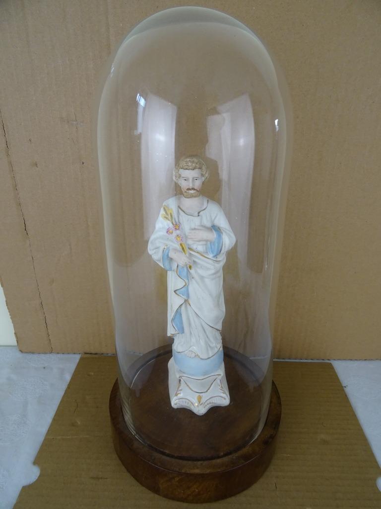 Dôme en verre antique 38 cm statue Joseph à vendre par pièce, Enlèvement ou Envoi
