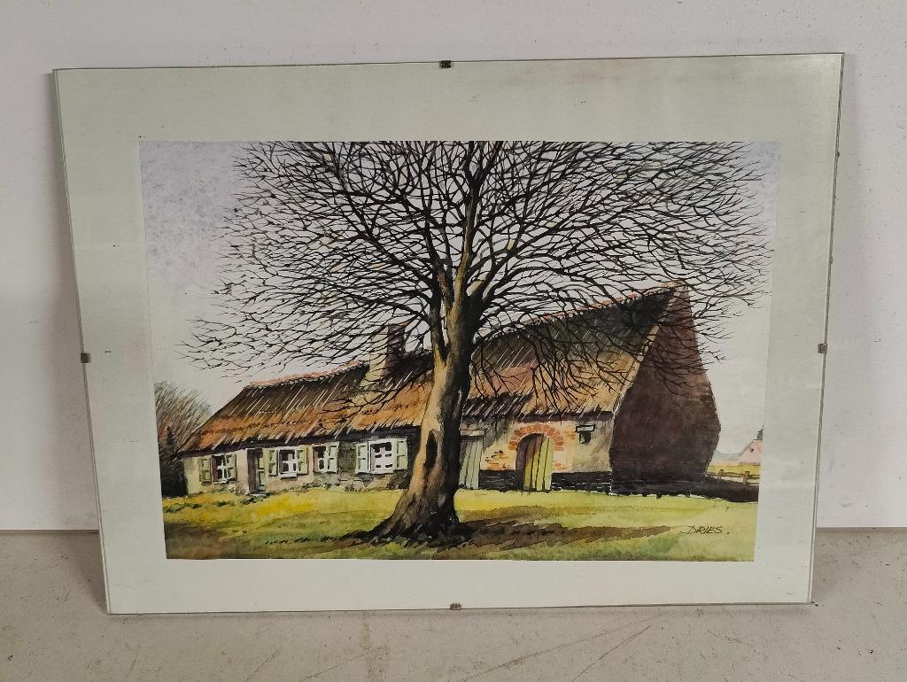 Mooie tekening / schilderij hoeve - Dries, Antiek en Kunst, Ophalen of Verzenden