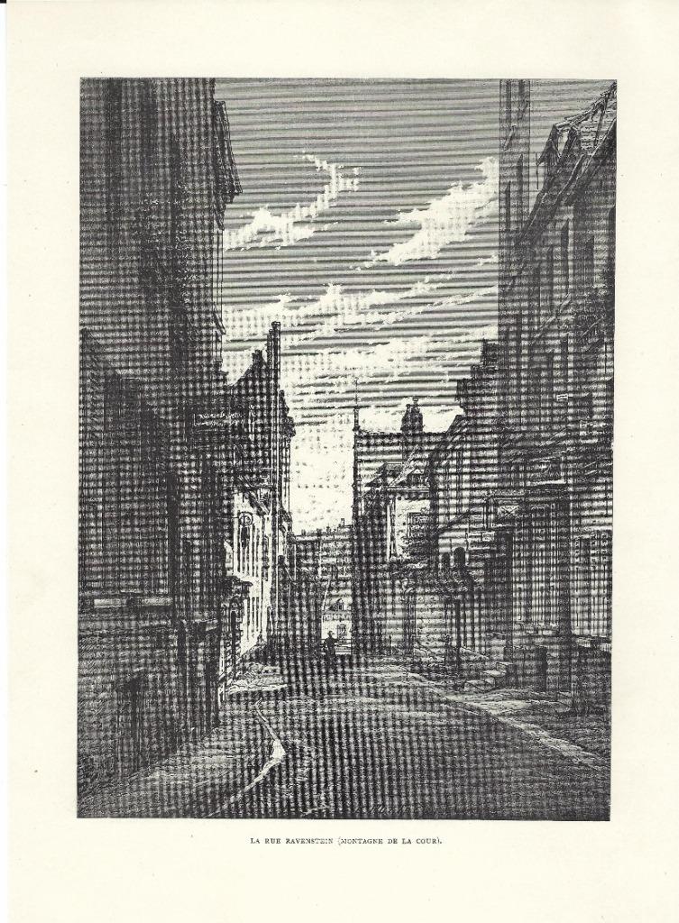 1892 - Brussel Ravenstein / Bruxelles Montagne de la Cour, Antiek en Kunst, Kunst | Etsen en Gravures, Ophalen of Verzenden
