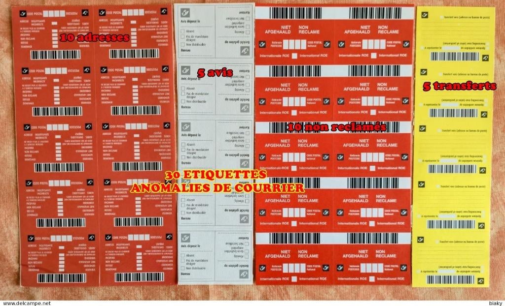 30 ETIQUETTES ANOMALIE COURRIER FEUILLET DE 5 ETIQUETTES, Enlèvement ou Envoi