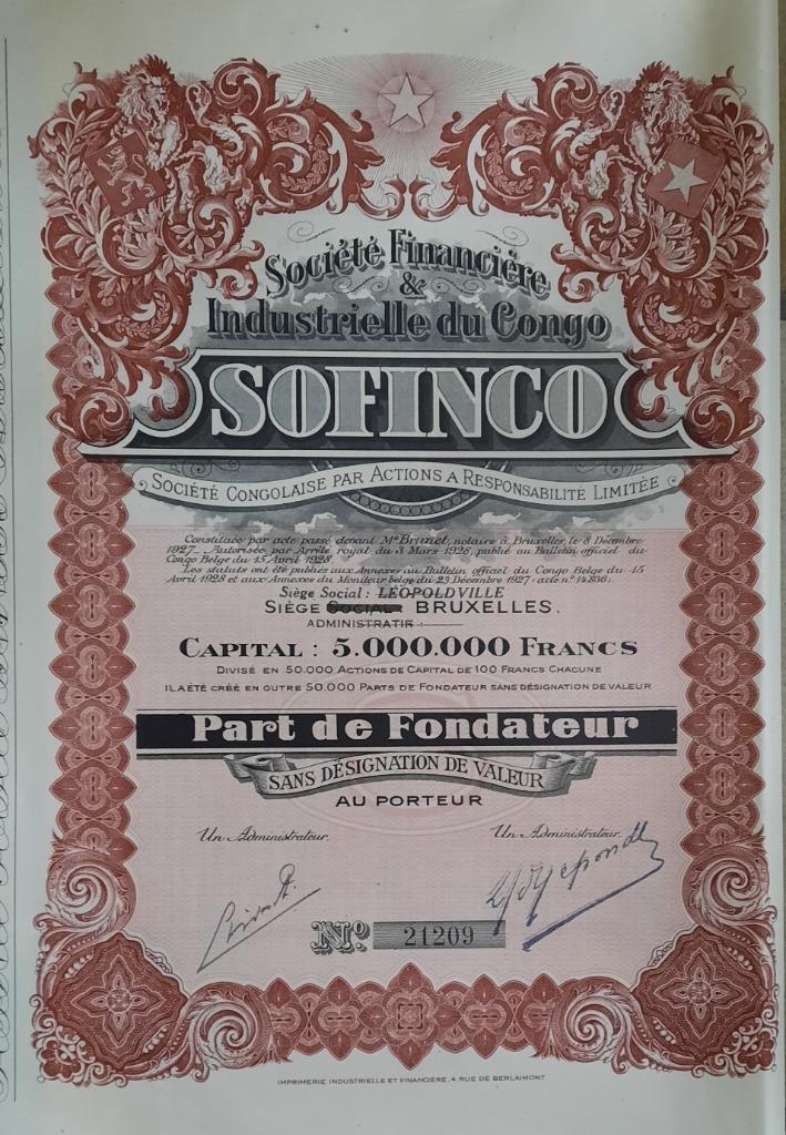 Sofinco - (Congo) - 1927 - part de fondateur, Ophalen of Verzenden, 1920 tot 1950, Aandeel