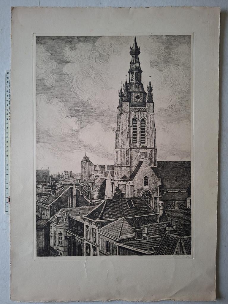 Grote ets Henri De Budt "Kortrijk", Antiek en Kunst, Ophalen of Verzenden