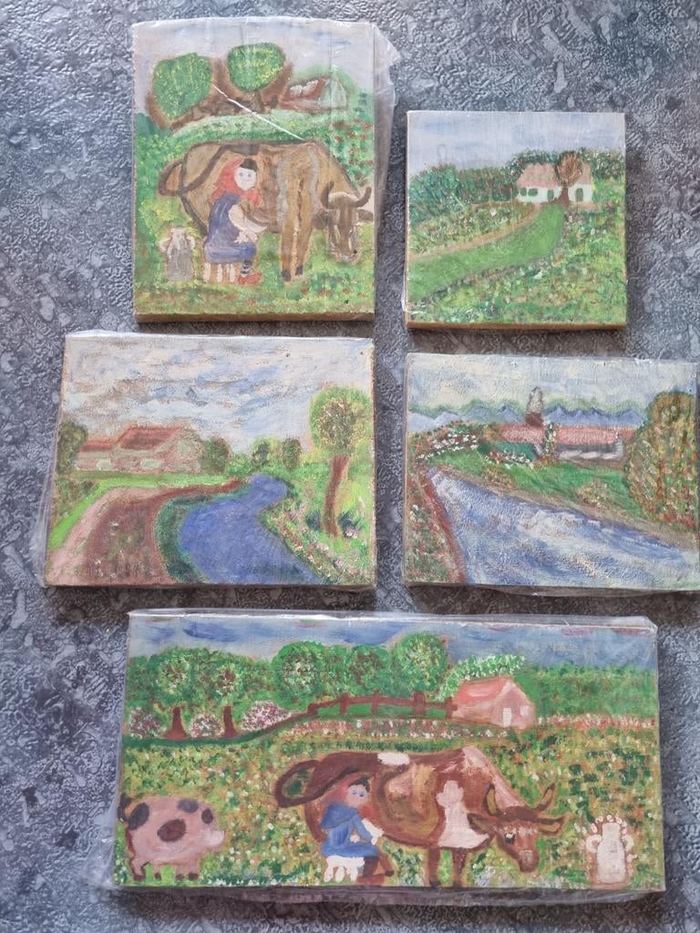 5 naïeve schilderijen op houten platen “Platteland”, Huis en Inrichting, Woonaccessoires | Wanddecoraties, Gebruikt, Ophalen of Verzenden
