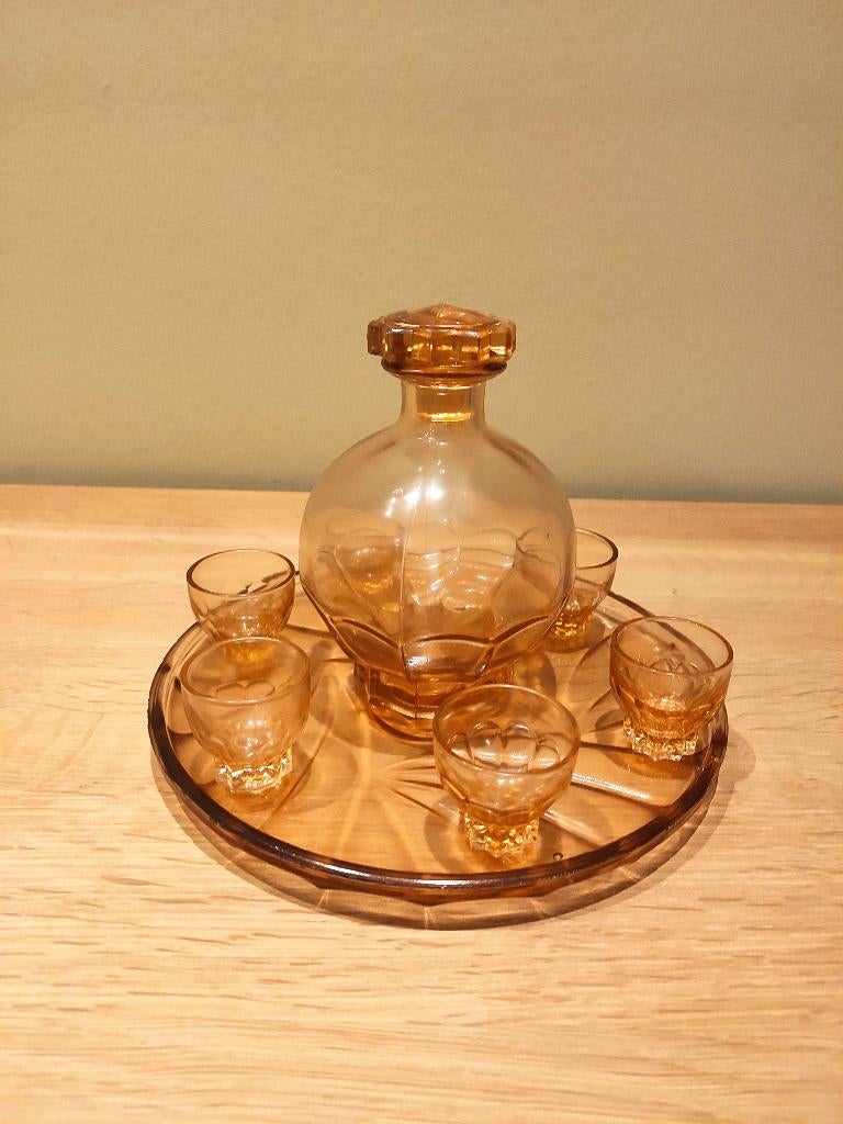 Vintage roze karaf, 6 glaasjes en schaal, Enlèvement