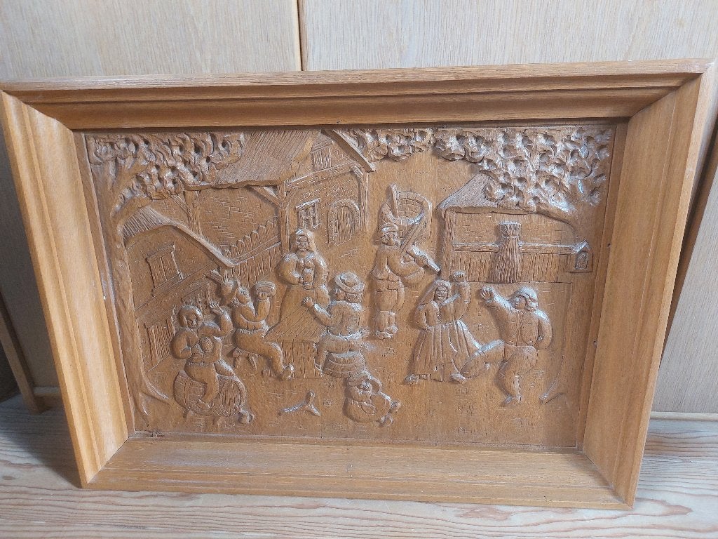 houtsnijwerk, Antiek en Kunst, Houtsnijwerk, Scène, Hout, Bruin