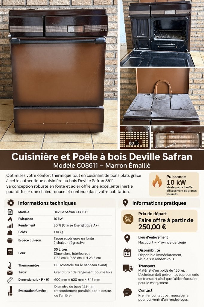 Cuisinière / Poêle à bois Deville Safran 10kW, Enlèvement, Utilisé