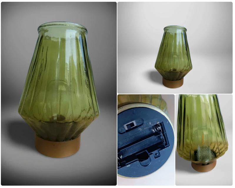 Groen Geribbeld Glas LED Lamp Draadloos Vintage Déco 17cm, Antiek en Kunst, Ophalen of Verzenden
