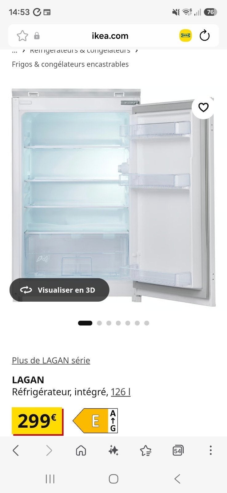 Réfrigérateur/ Frigo encastrable Lagan ikea, Enlèvement