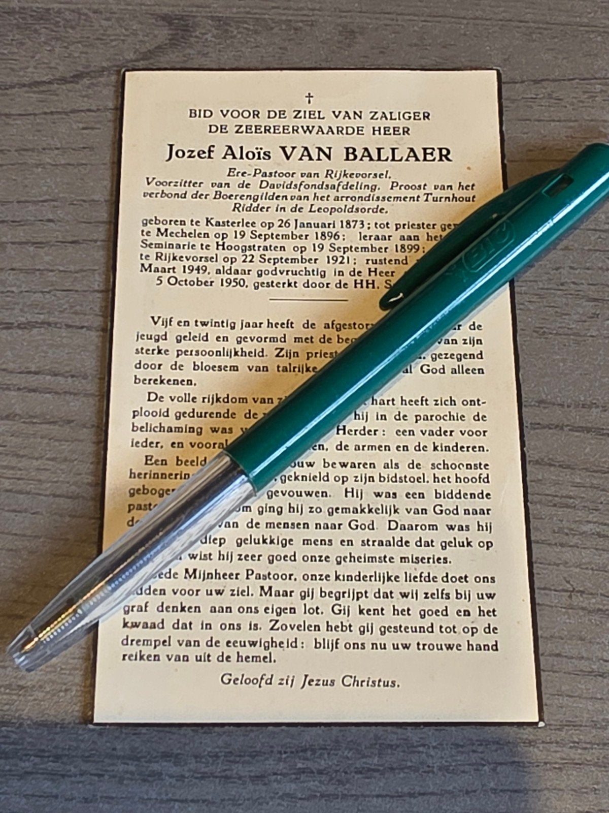 Pasteur Rijkevorsel van Ballaer Kasterlee 1873 1950, Collections, Images pieuses & Faire-part, Enlèvement ou Envoi