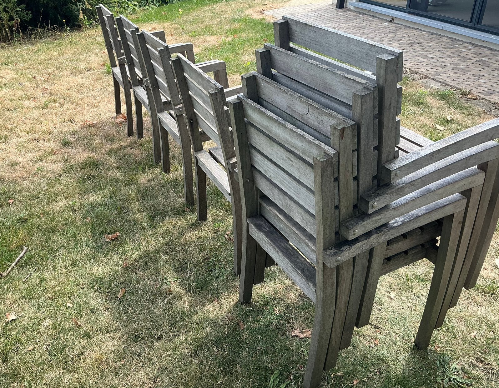 8 tuinstoelen in padouk, Ophalen, Gebruikt, Hout, Stapelbaar