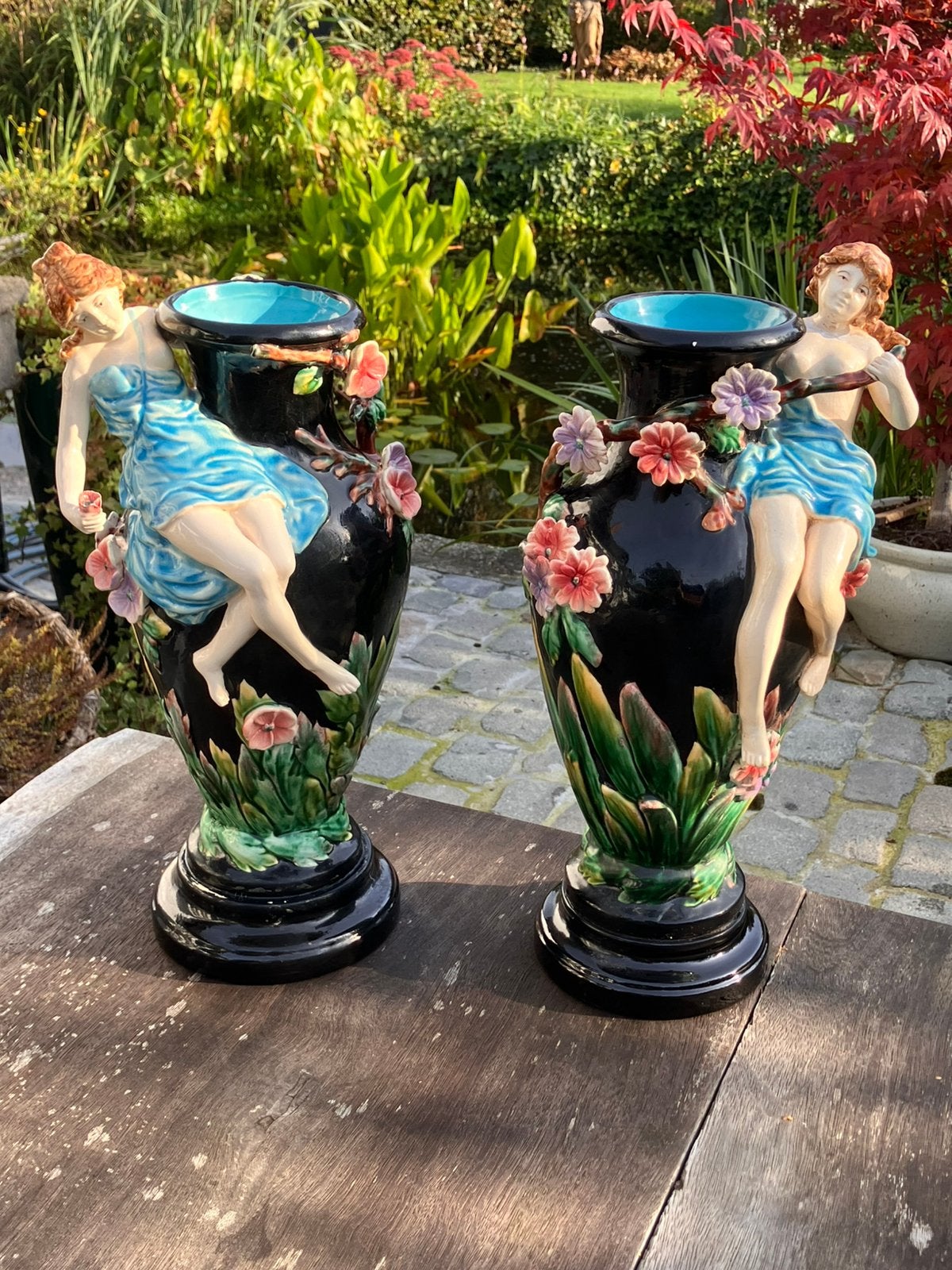 Set Art nouveau barbotine / majolica vazen, Antiek en Kunst, Ophalen of Verzenden