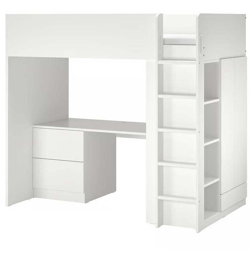 SMÅSTAD Lit mezzanine, blanc avec avec bureau avec 2 tiroirs, Enlèvement, Utilisé, Lit mezzanine