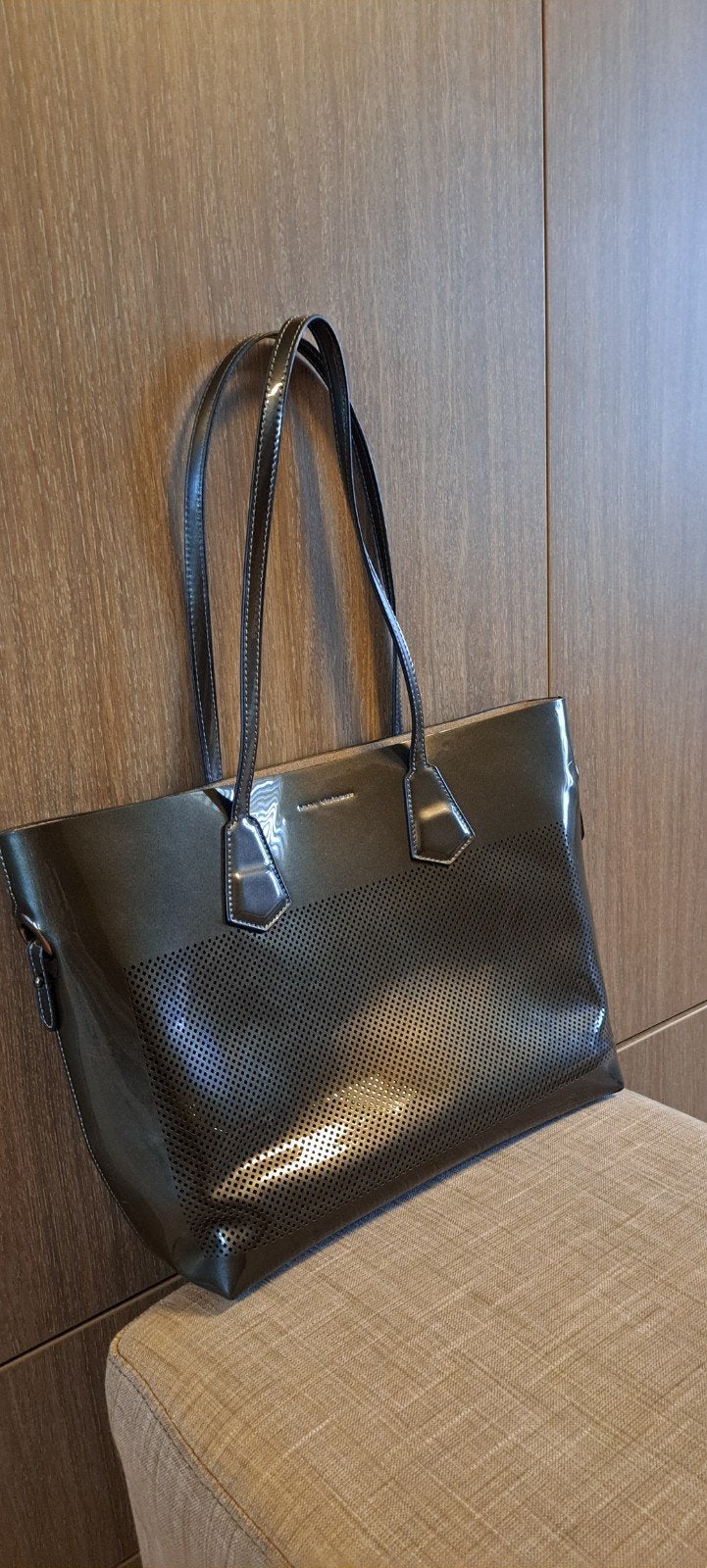 Donkerkaki shopper in lakleder met binnenzak ( zelfde kleur), Ophalen of Verzenden, Nieuw, Overige kleuren, Shopper