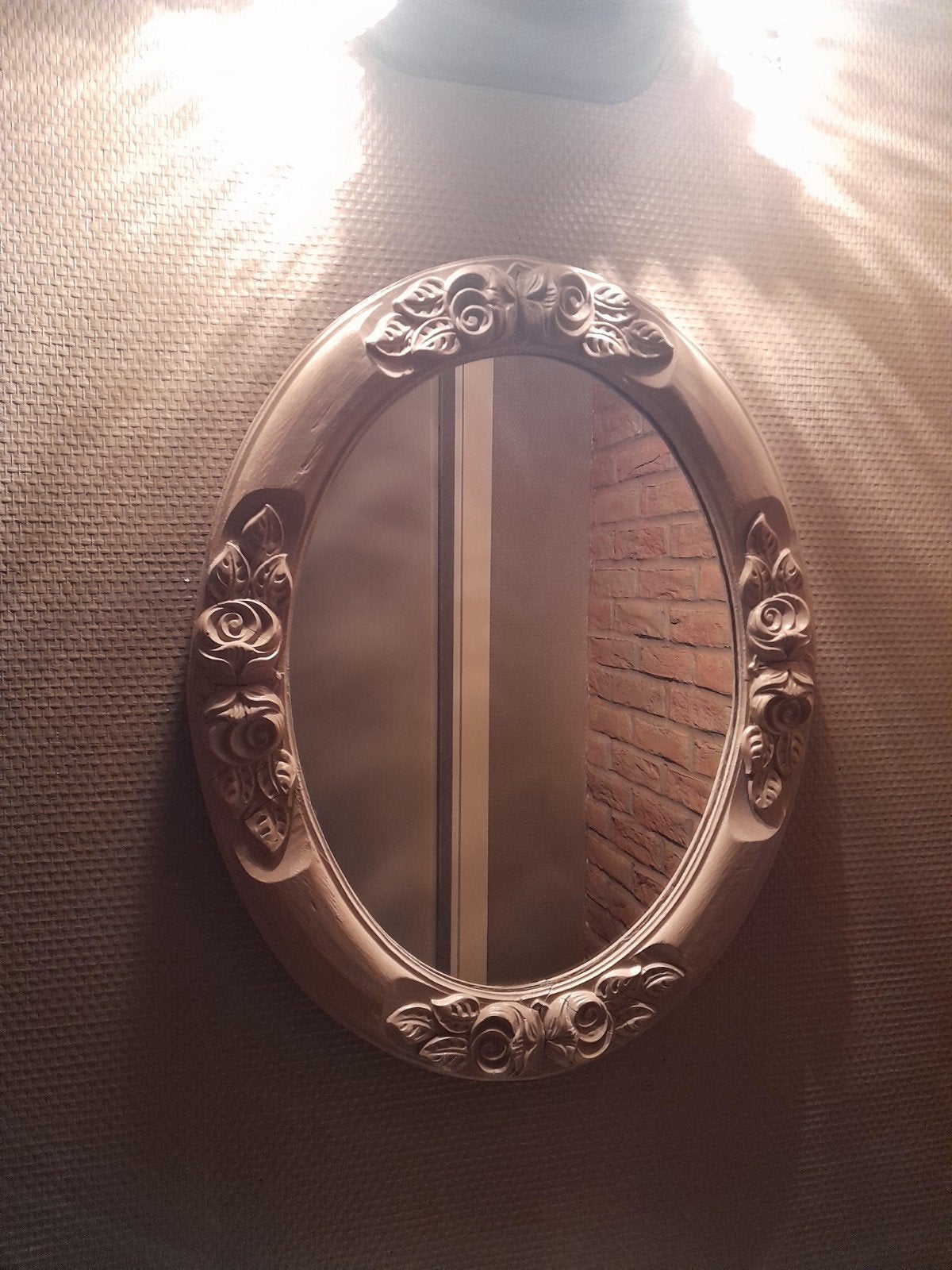 ovale spiegel met beschilderd houten frame, Antiek en Kunst, Ophalen, Ovaal, Minder dan 50 cm, Minder dan 100 cm