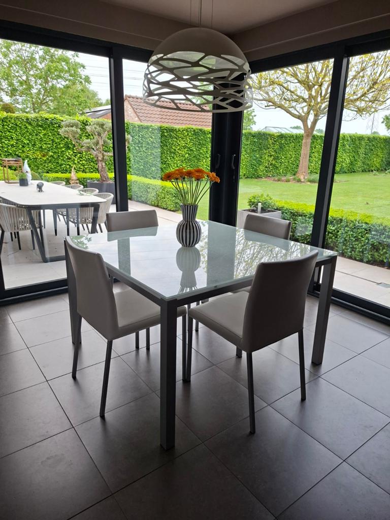 Glazen vierkante tafel met of zonder stoelen, Huis en Inrichting, Tafels | Eettafels, Ophalen