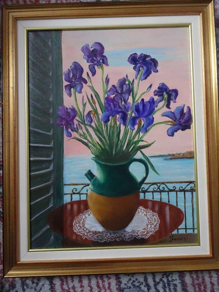 Huile sur toile , bouquet d’iris d' A. SAUNIER., Antiquités & Art, Enlèvement ou Envoi, Encadré, Peinture à l'huile, Maritime / eau