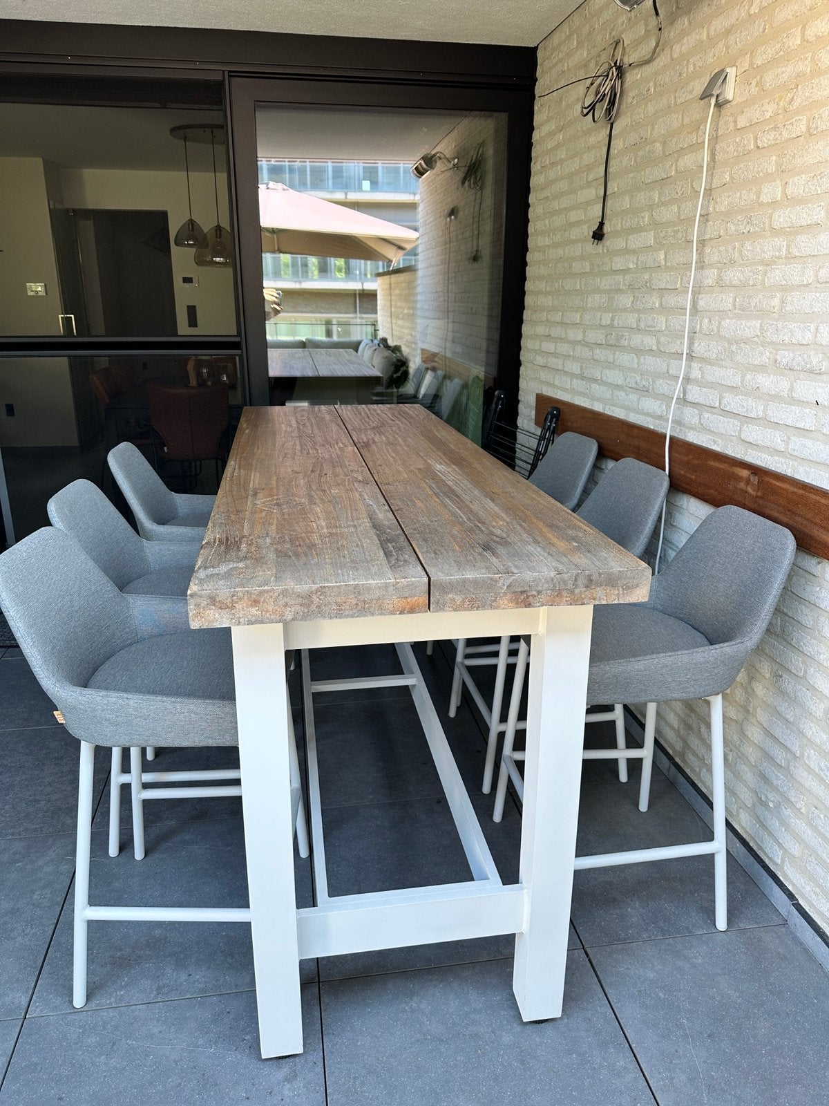 Hoge buitentafel met 6 krukjes, Tuin en Terras, Ophalen, Overige materialen, Eettafel, 6 zitplaatsen