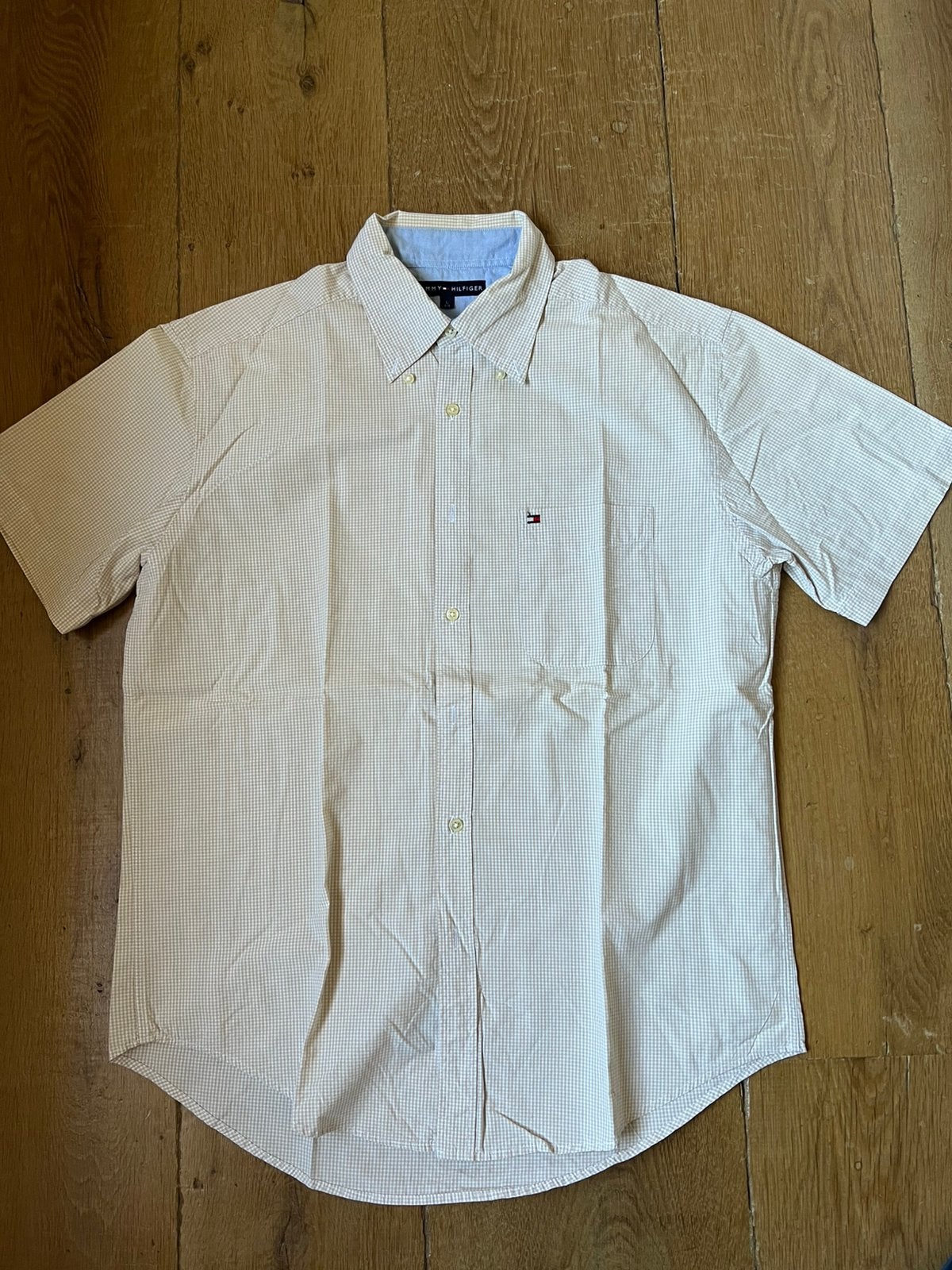 Zomerhemd Tommy Hilfiger maat large, Kleding | Heren, Ophalen, Zo goed als nieuw, Beige, Halswijdte 41/42 (L)
