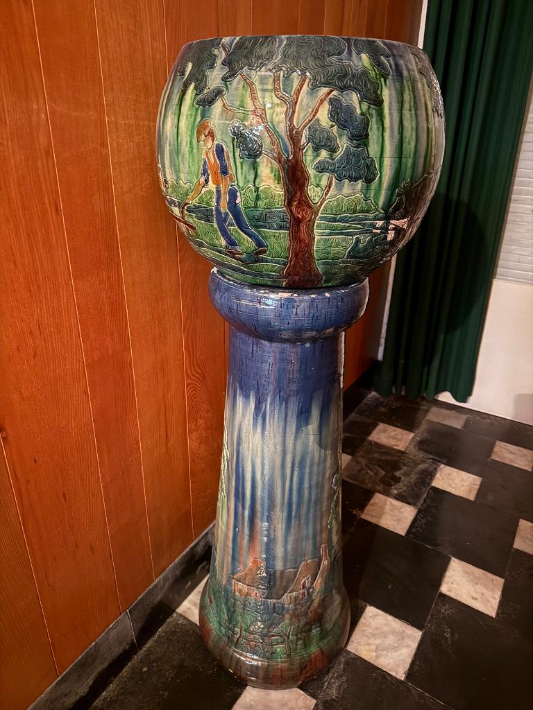 Grande jardinière Art Nouveau sur pied - majolique - 130 cm, Enlèvement
