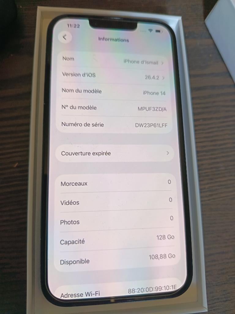 état de la batterie de l'iPhone 14 à 8,8 %, Télécoms, Téléphonie mobile | Apple iPhone, 128 GB, 88 %, Comme neuf, Enlèvement