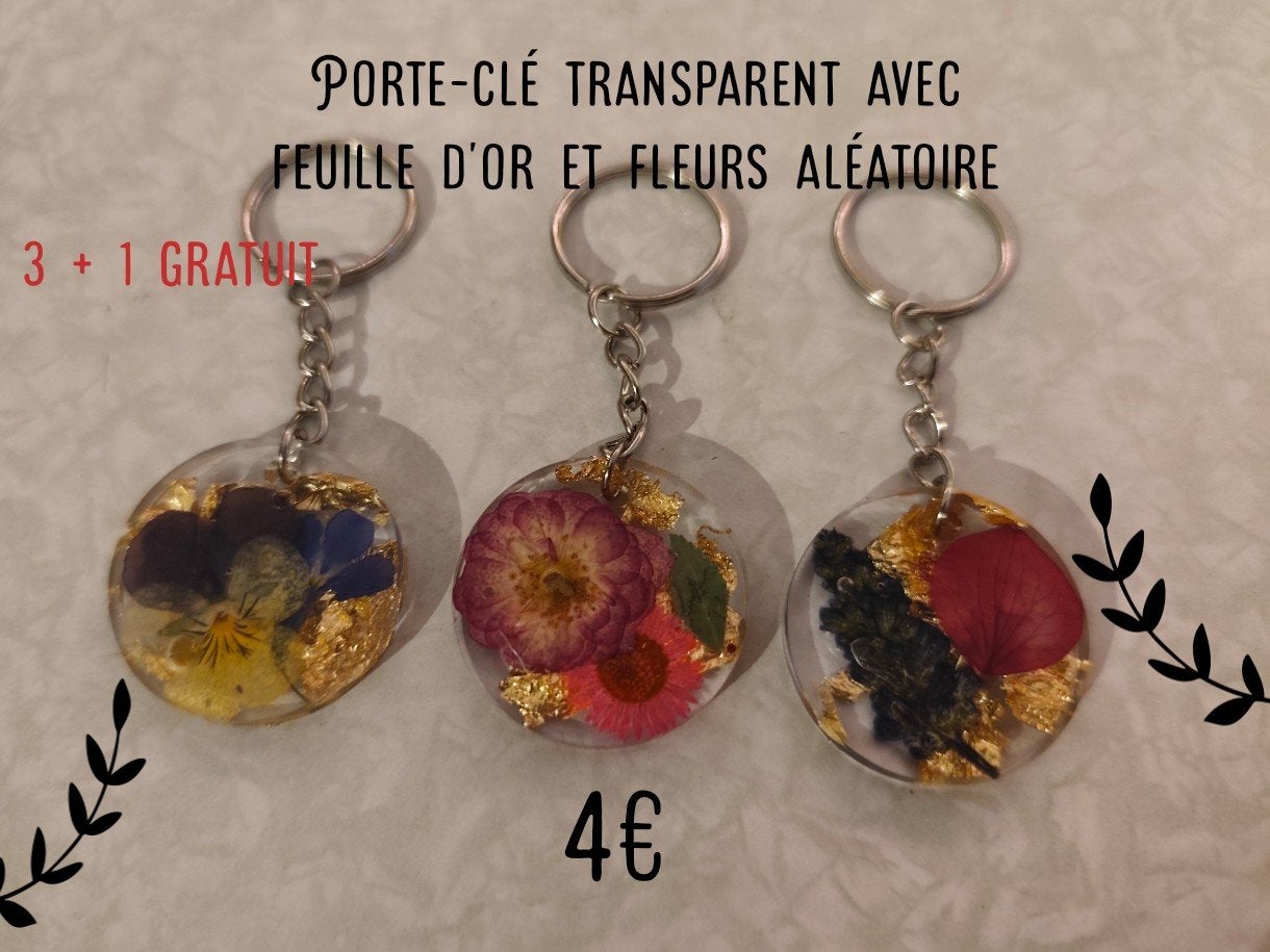 Porte-clé transparent avec feuille d'or et/ou breloque, Or, Or
