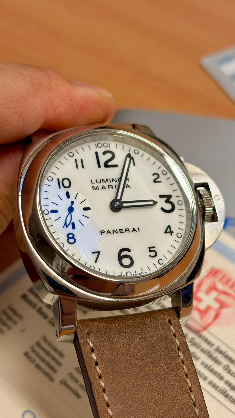 Panerai PAM0113 Zeldzame witte wijzerplaat, Handtassen en Accessoires, Ophalen, Leer, Staal, Polshorloge