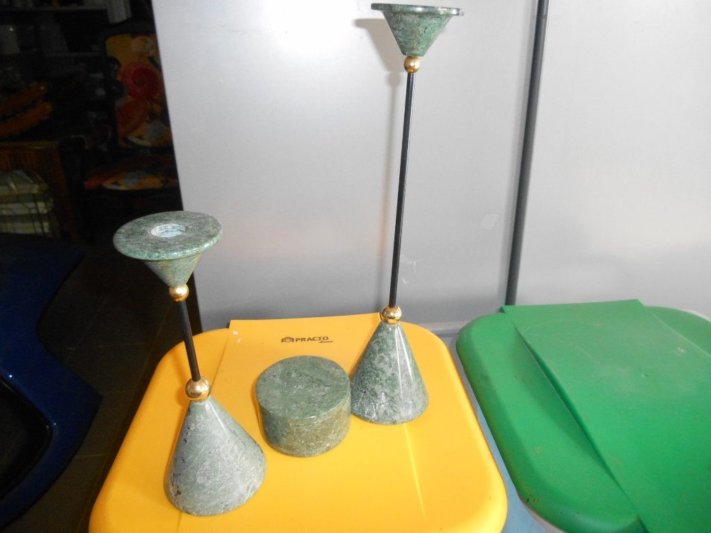 2 bougeoirs et un petit pot en pierre, Antiquités & Art, Enlèvement