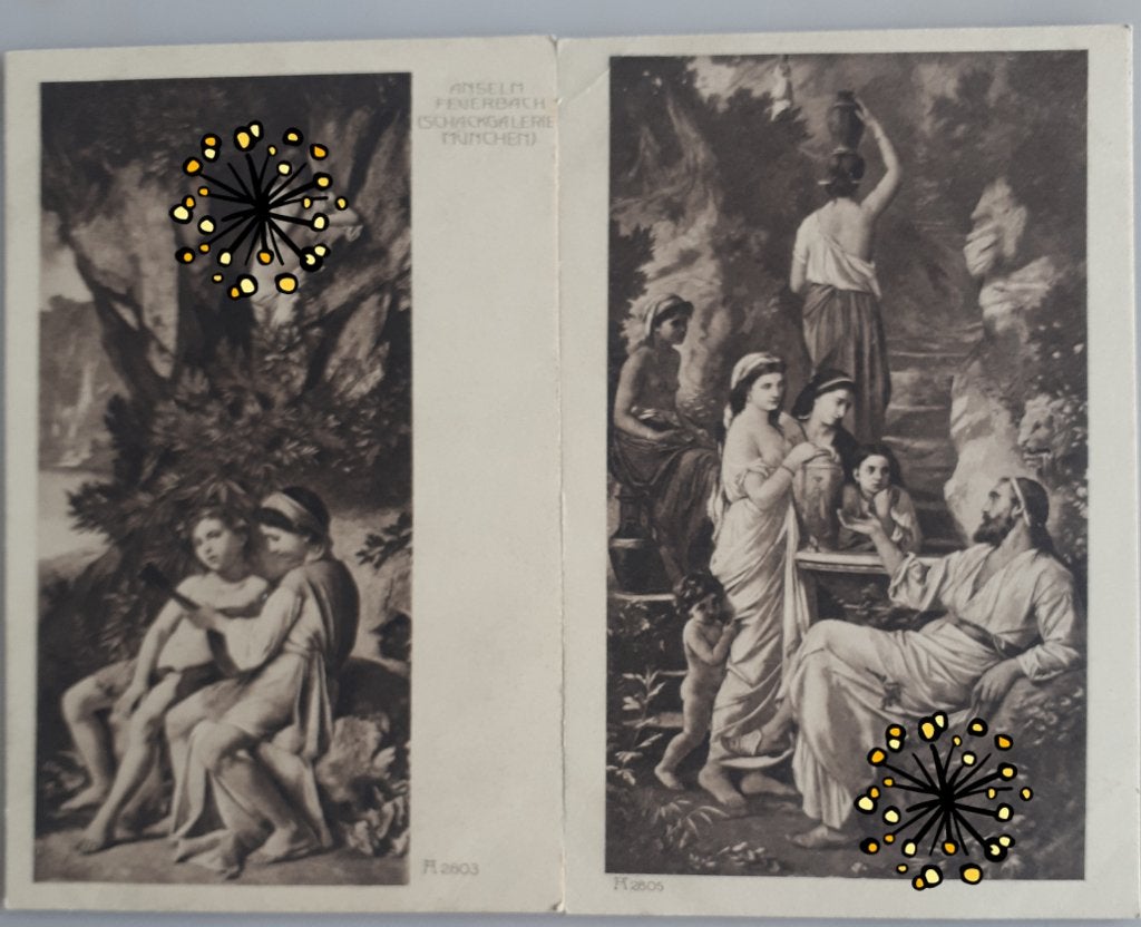 2 Oude Postkaarten : A.FEUERBACH: Kind&Nymph/Hafis Ref.E123, Verzamelen, Postkaarten | Themakaarten, Ophalen of Verzenden, 1920 tot 1940