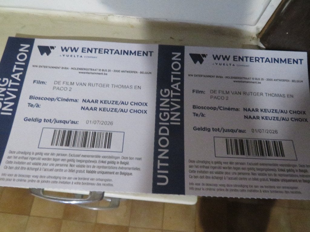 filmtickets, Tickets en Kaartjes, Twee personen, Overige genres, Vrijkaartje specifieke film