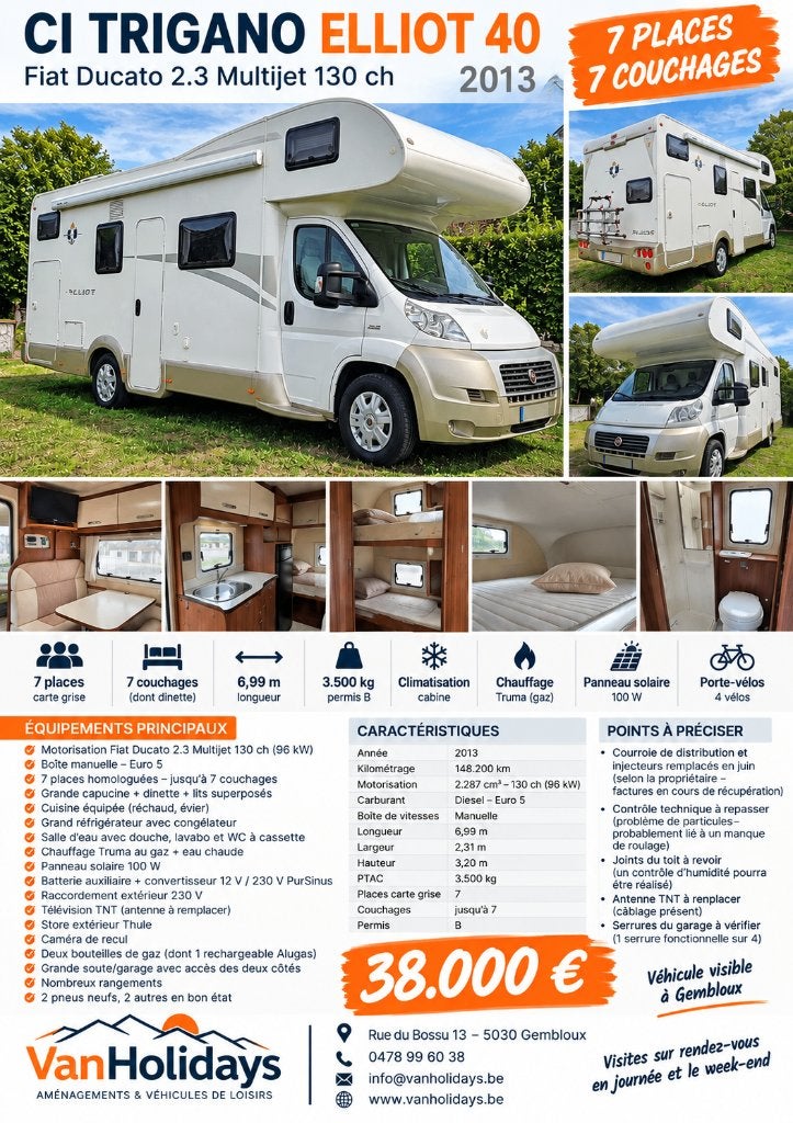 Fiat Ducato CI Trigano Elliot 40 – 7 places homologuées, Caméra de recul, Entreprise, Fiat, Boîte manuelle